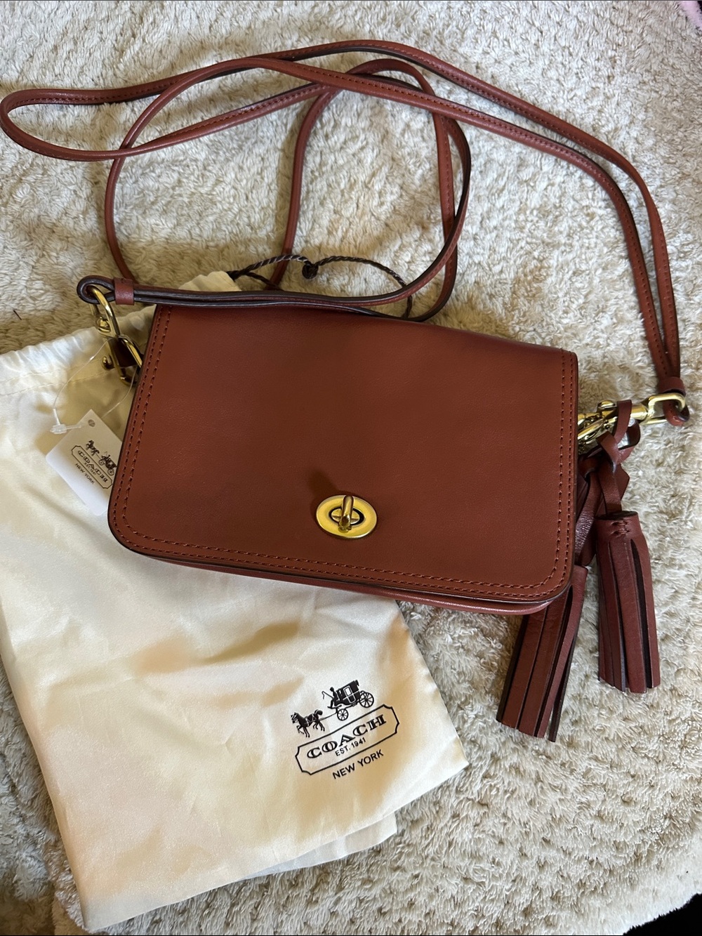 Coach Brown Leather Crossbody with Tassel and Signature Turnlock